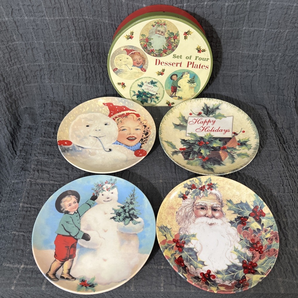 Set of 4 CIB Christmas Greetings Dessert‎ Plates Retro Designs in the Box